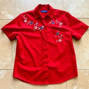 Karen Scott Women’s Red w/Stars Short Sleeve Button Down Shirt - Size S